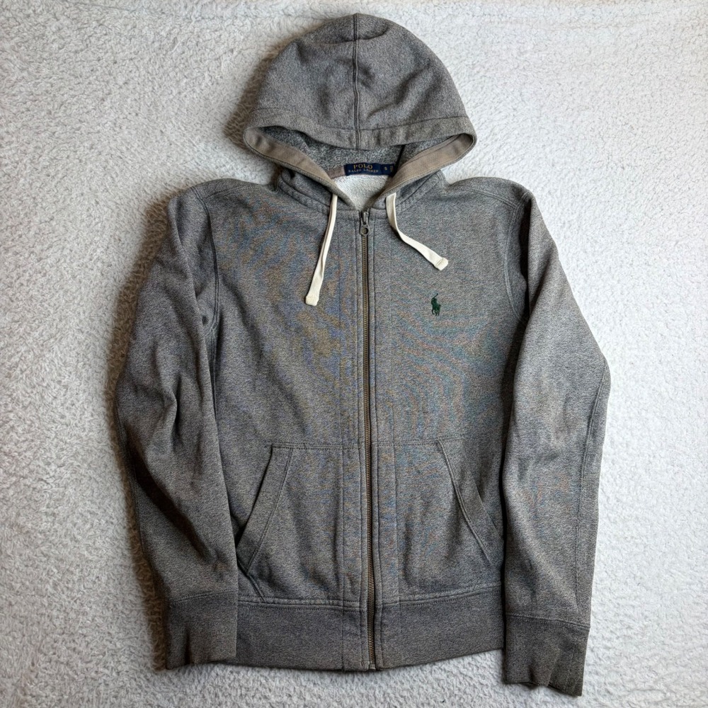 Polo Ralph Lauren Mens Gray Full Zip Hoodie Green Pony Logo Size Small